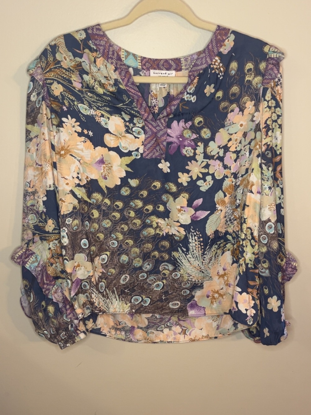 Current Air Navy Floral & Peacock-Print V-Neck Blouse
